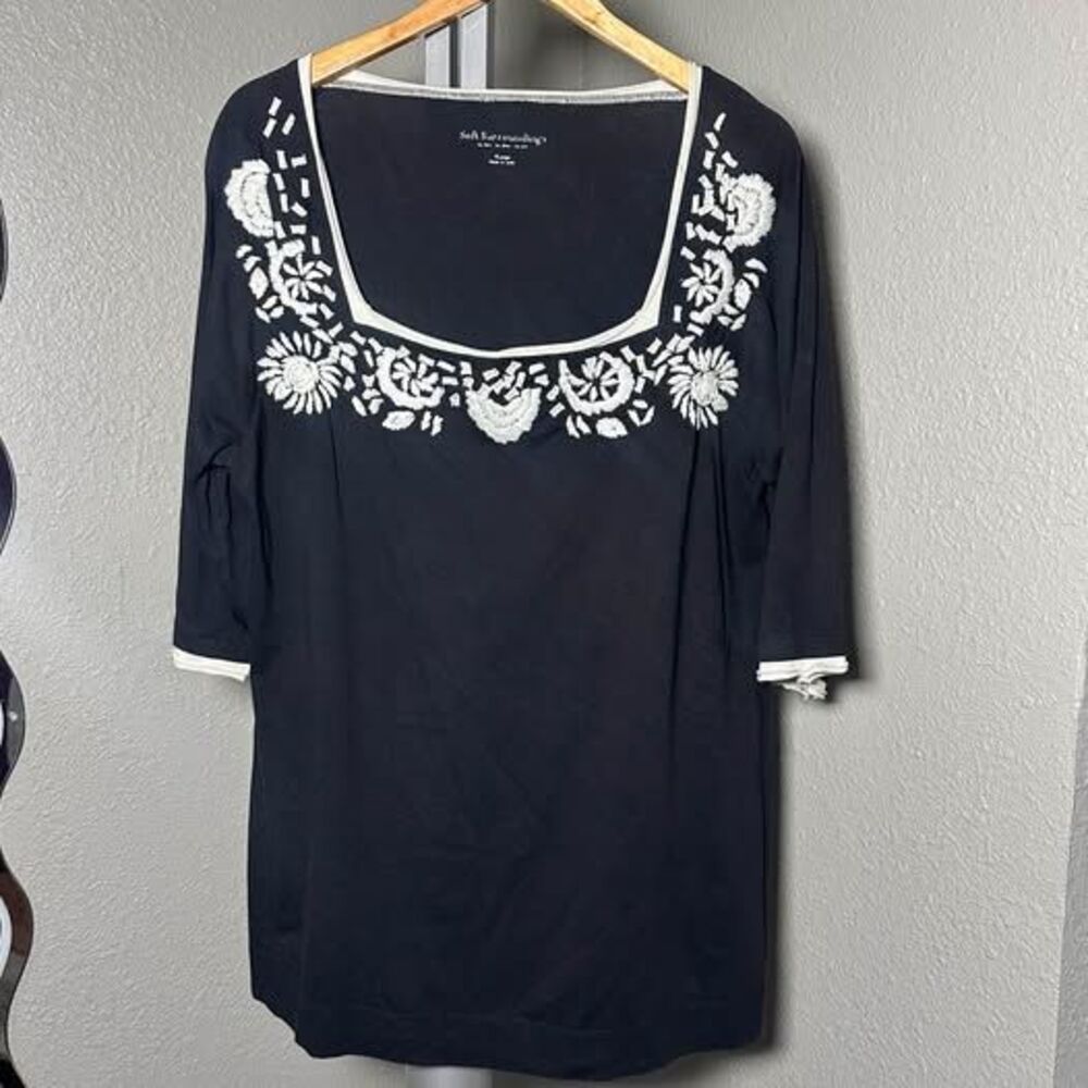 Soft Surroundings Black Square Neck Floral Embroidered Top Size XL
